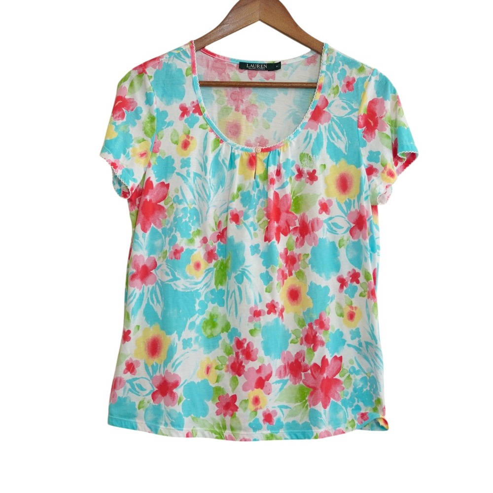 Lauren Ralph Lauren Medium Pajama Top Floral Watercolor Scoop Neck Top Pink Blue